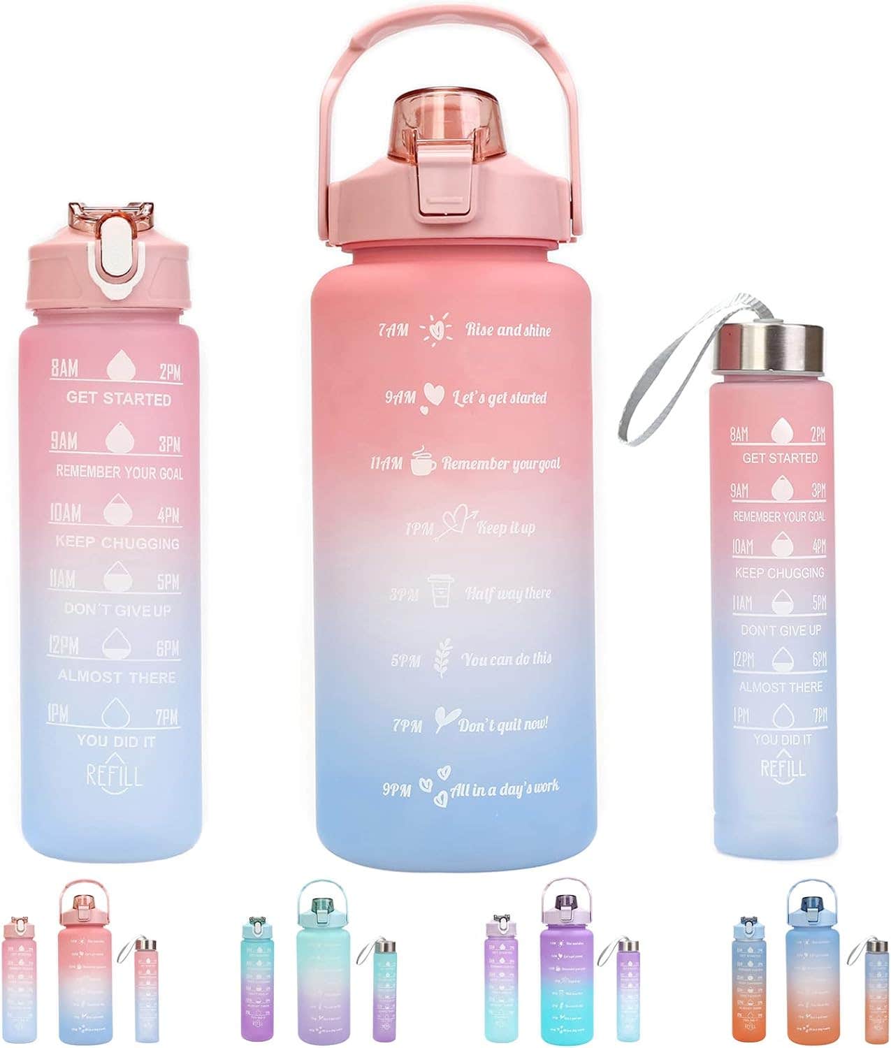 WIYYH Gradient Pink Motivational Water Bottle Set - 3 Pcs, 1.8L Straw Bottles