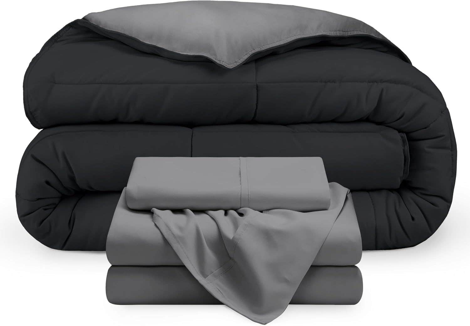 Elegant 5-Piece Microfiber King Quilt Set - Dark Grey & Black