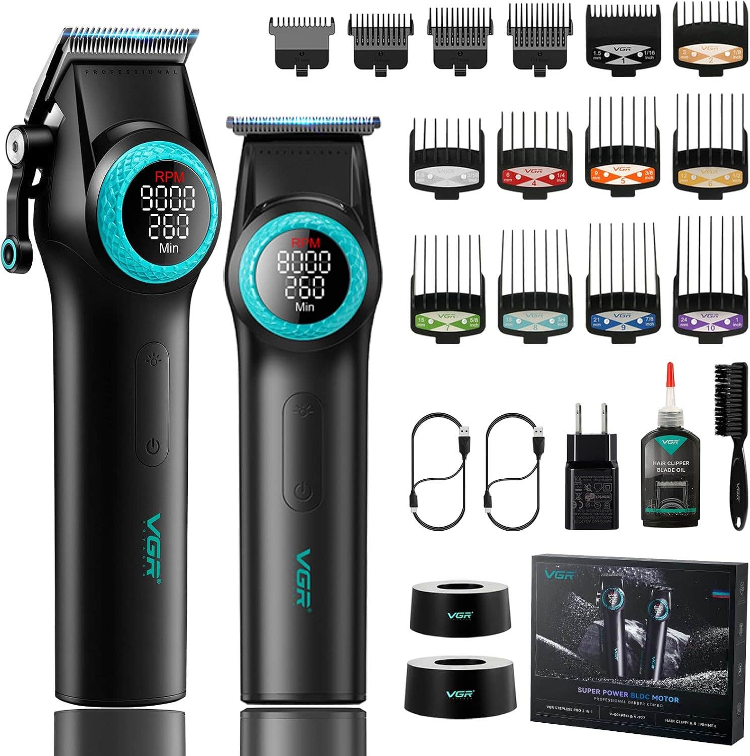 VGR Professional Hair Clippers & Trimmers Set - Cordless, DLC Coating, LED Display