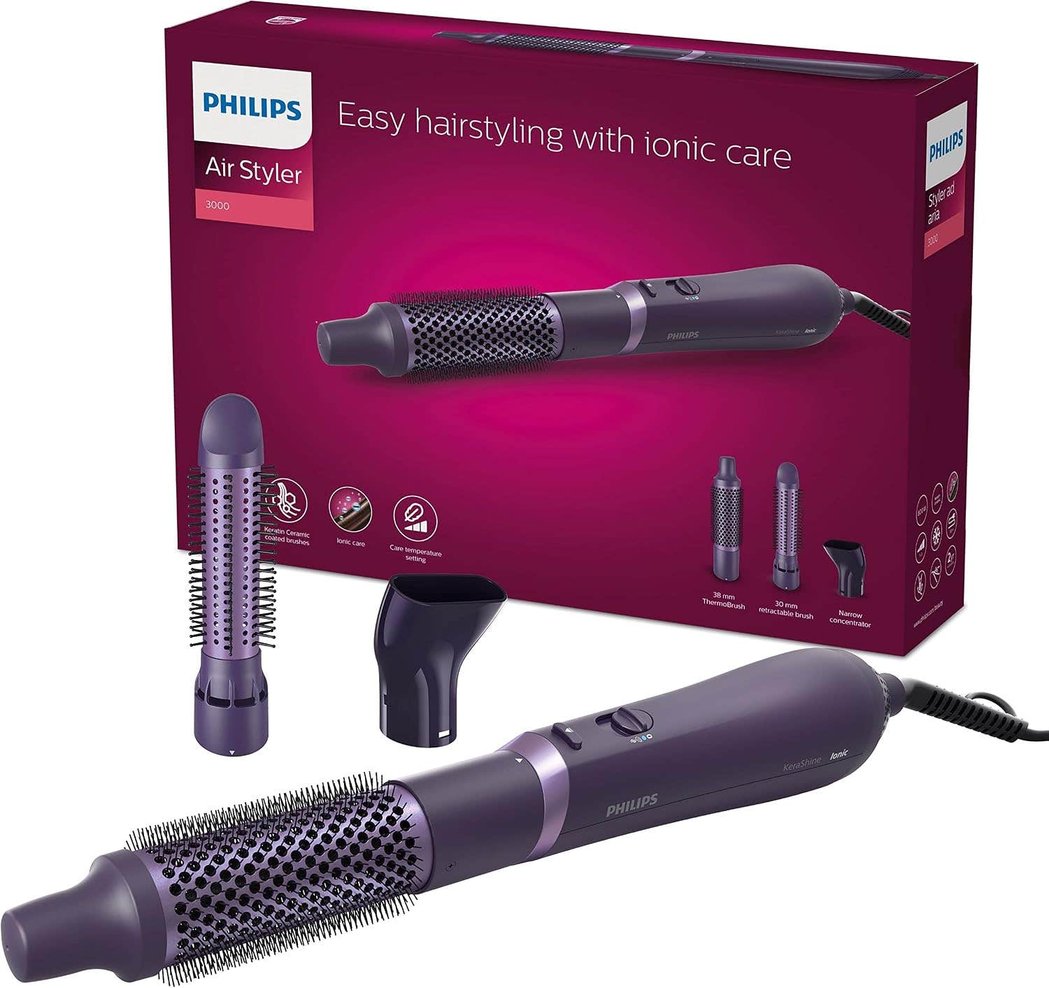 Philips 3000 Series Ceramic Ionic Blower Brush - Purple, 3 Accessories