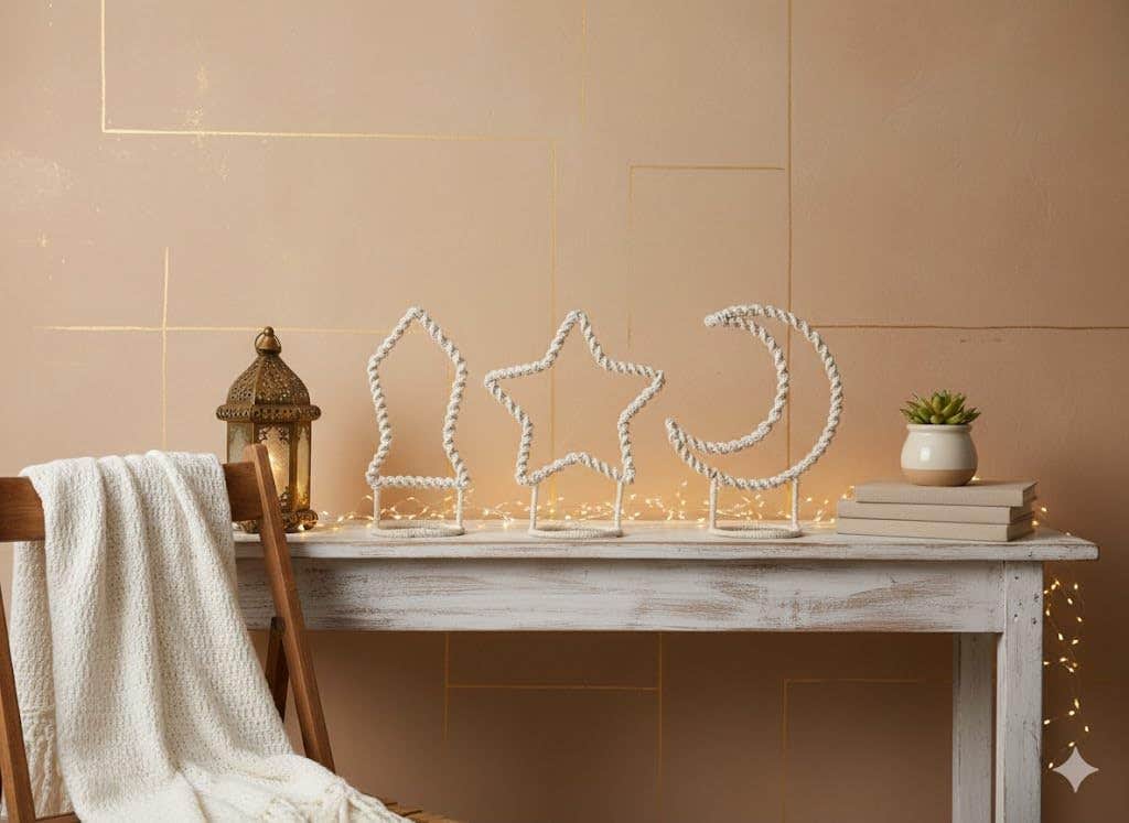 Handmade Macrame Crescent Moon Star Lantern - White Bohemian Ramadan Decor
