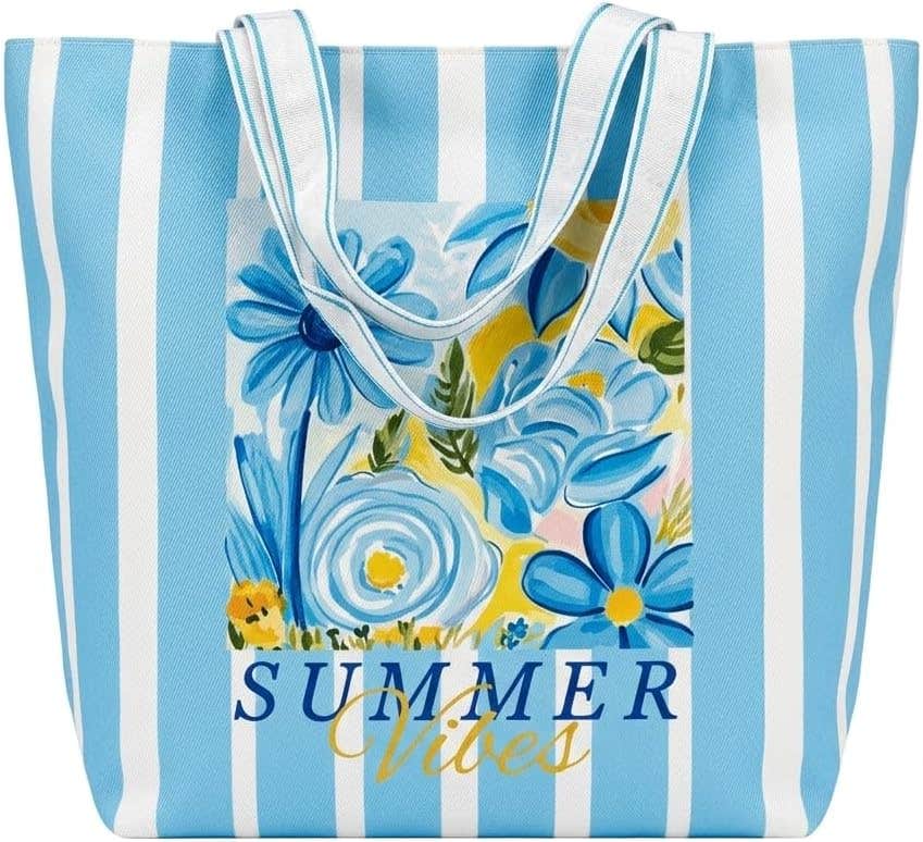 Medium Summer Vibes Beach Bag - White & Brown Stripes - 45x40cm