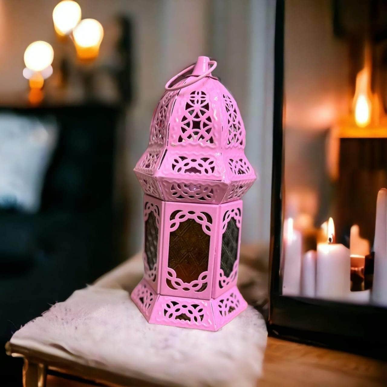 Pink Metal Ramadan Lantern - Islamic Decorative Dome - Unique Design - Tabletop Candle Holder