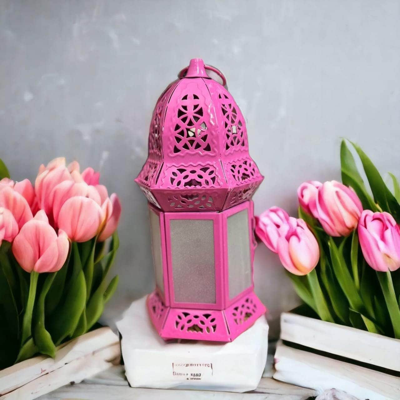 12 Inch Fuchsia Metal Glass Ramadan Lantern - Islamic Style Decor