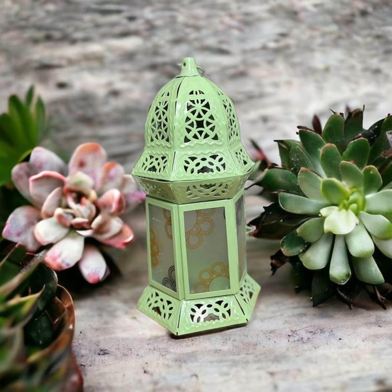 Islamic Style Ramadan Lantern Glass Metal 12" Light Green - Unique Decor Accent