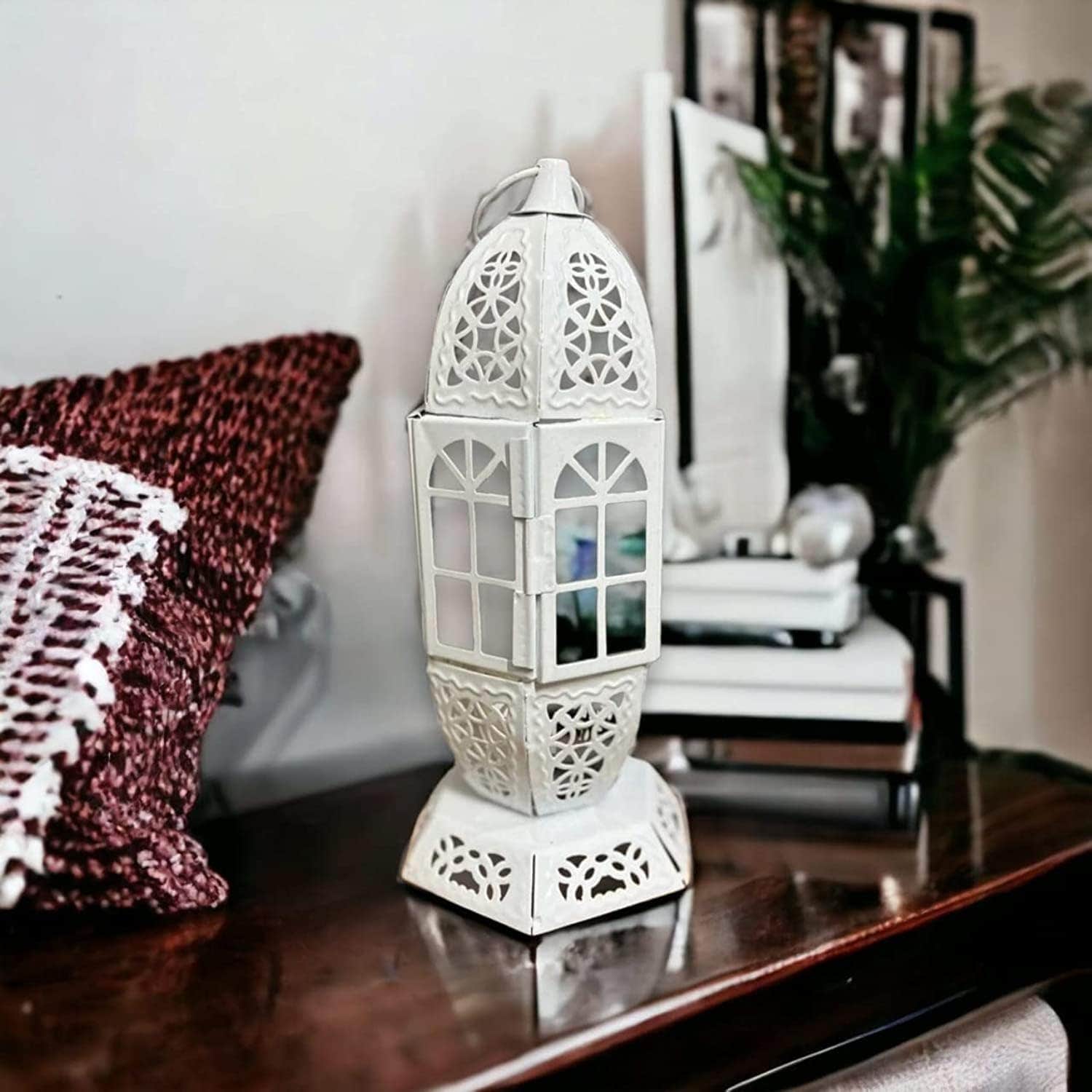 Islamic Style White Metal Ramadan Lantern Candelabra - 12" Tabletop Decor