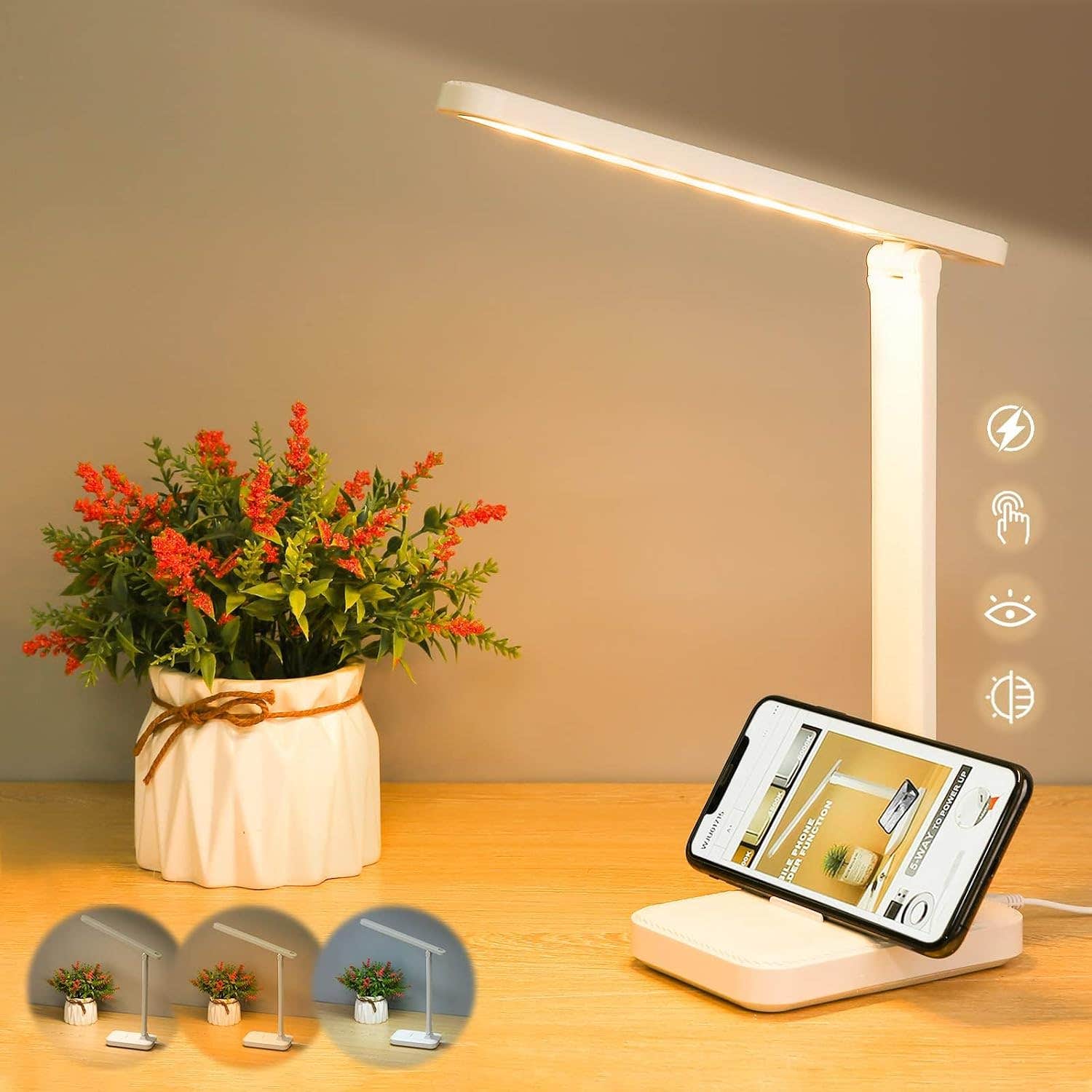joyliveCY LED Desk Lamp - Touch Control Reading Lamp, 3 Color Temp, Eye Protection - White