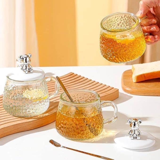 Daga Cute Bear Glass Tumbler with Lid - 300ml Clear Borosilicate, Transparent - Milk, Juice, Coffee