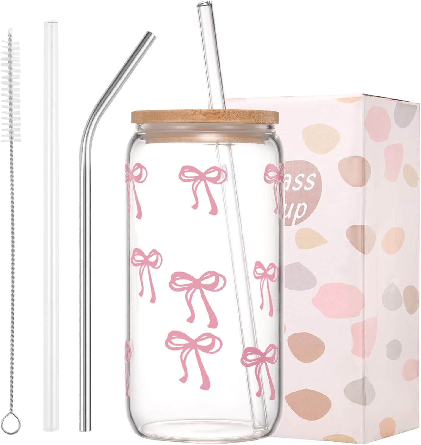 ANABIUP Pink Bow Glass Cup with Lid & Straw, 16oz Aesthetic Tumbler Mug