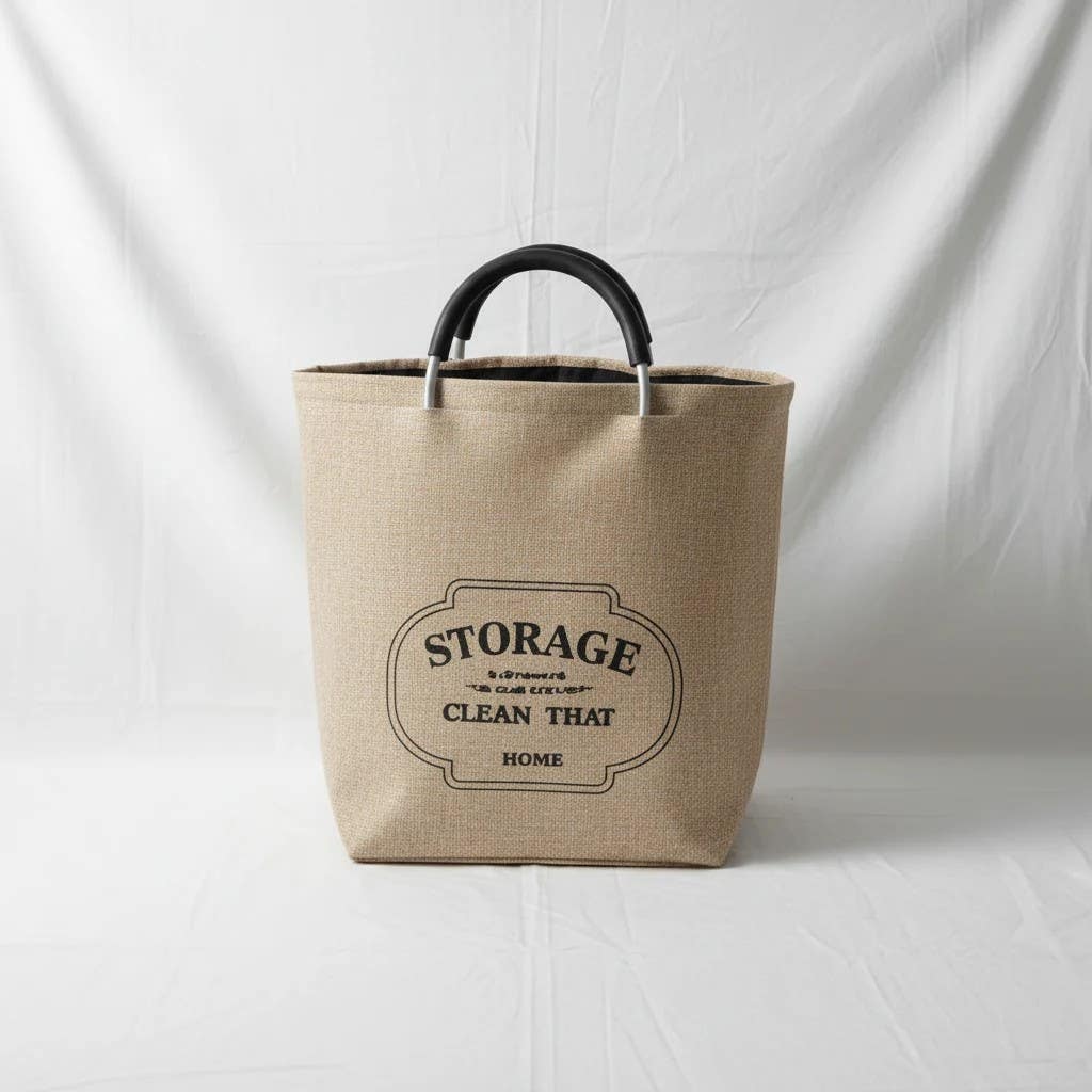 Minimalist Beige Storage Bag with Wooden Handles | Home Organizer