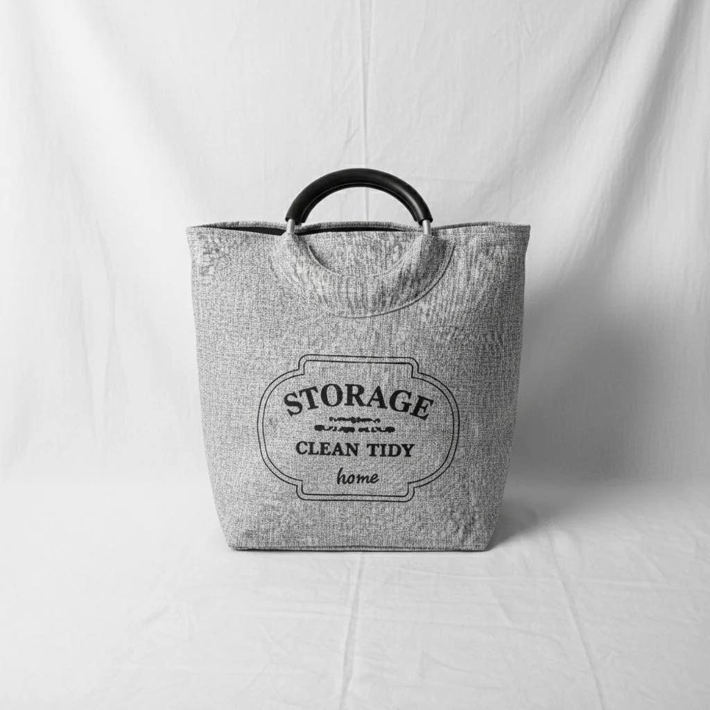 Minimalist Grey Storage Bag with Wooden Handles | Home Organizer