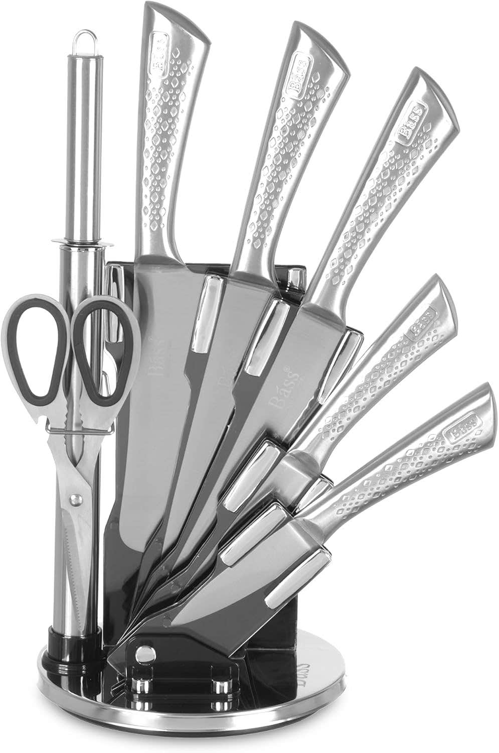 Bass Knife Block Set, 7 Pieces with Stand, stainless with Diamond Handle, Stainless steel - silver