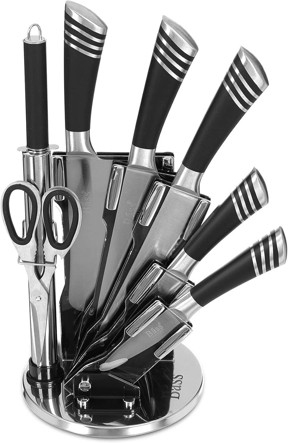 Bass Knife Block Set, 7 Pieces with Stand, Black with Silver 3 Lines Horizontal Handle, Stainless steel - Black-silver