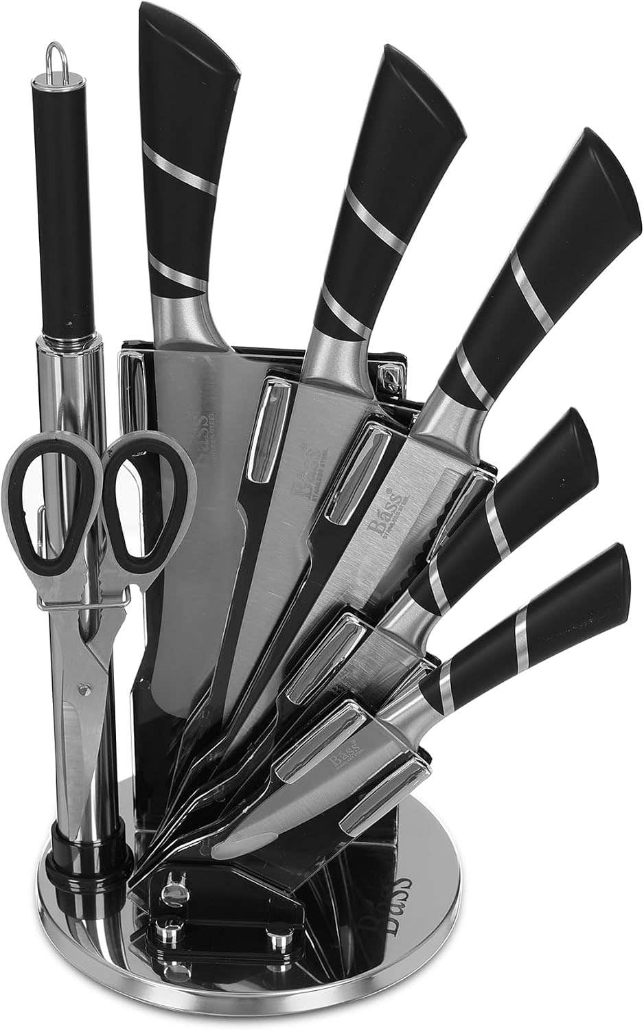 Bass Knife Block Set, 7 pieces with Stand, Silver 2 Horizontal Lines Handle, Stainless Steel, Black - Silver