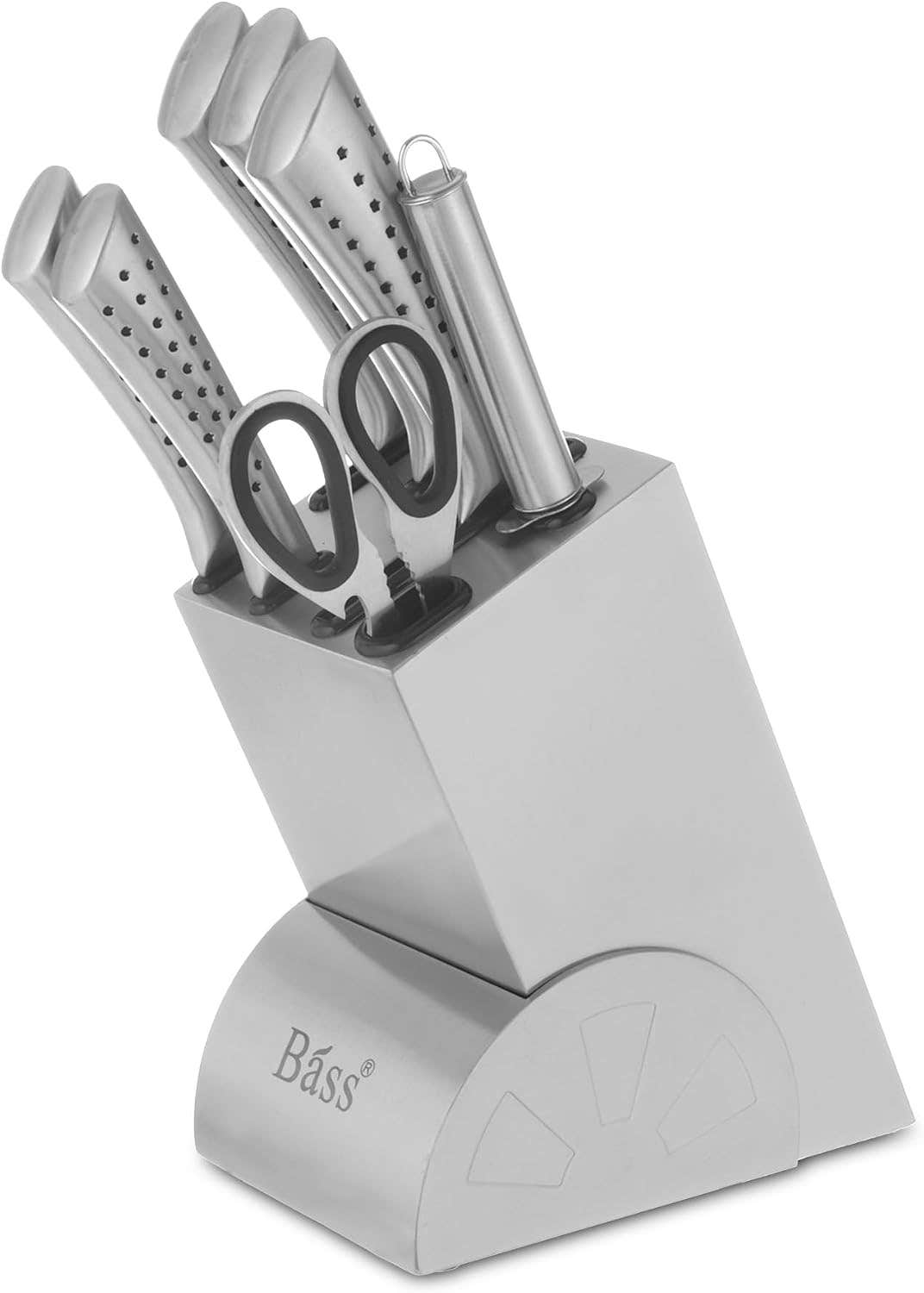 Bass 7-Piece Stainless Steel Knife Block Set - Silver Dotted Handle