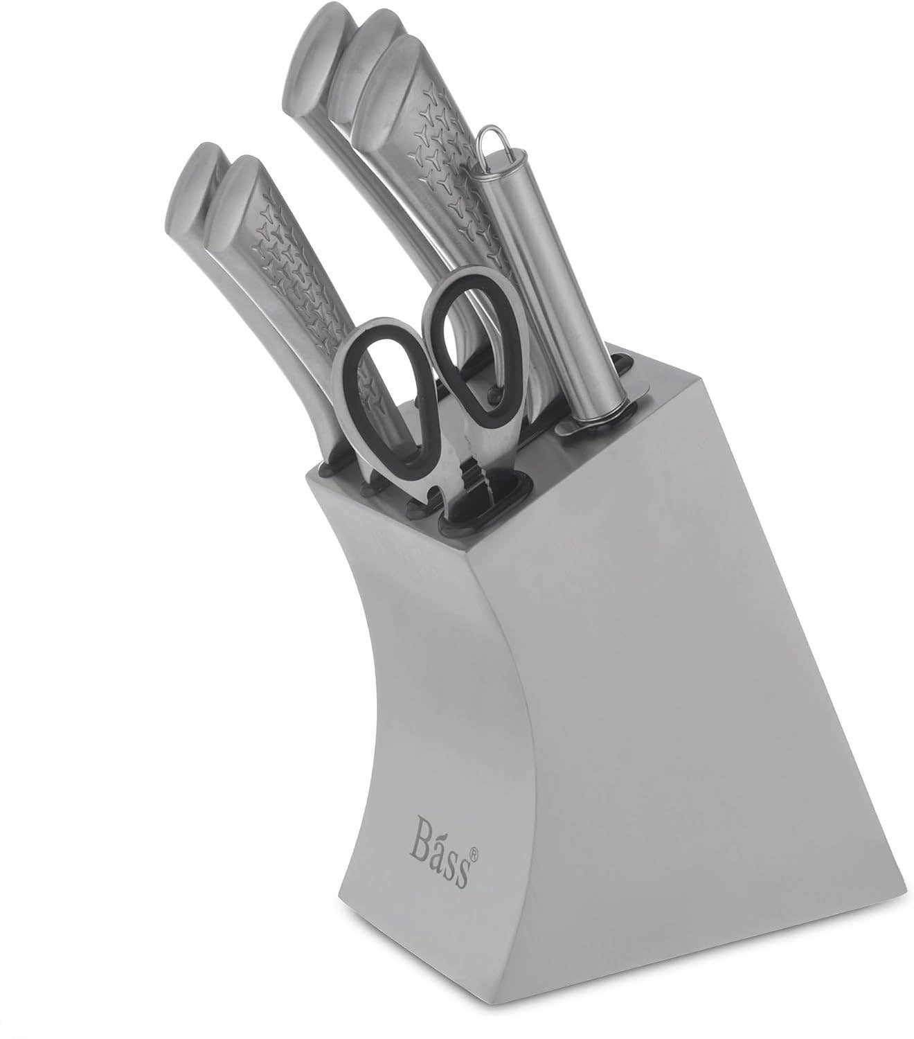 Bass Knife Block Set, 8 Pieces with Stainless steel Stand, stainless with Diamond Handle, Stainless steel - silver
