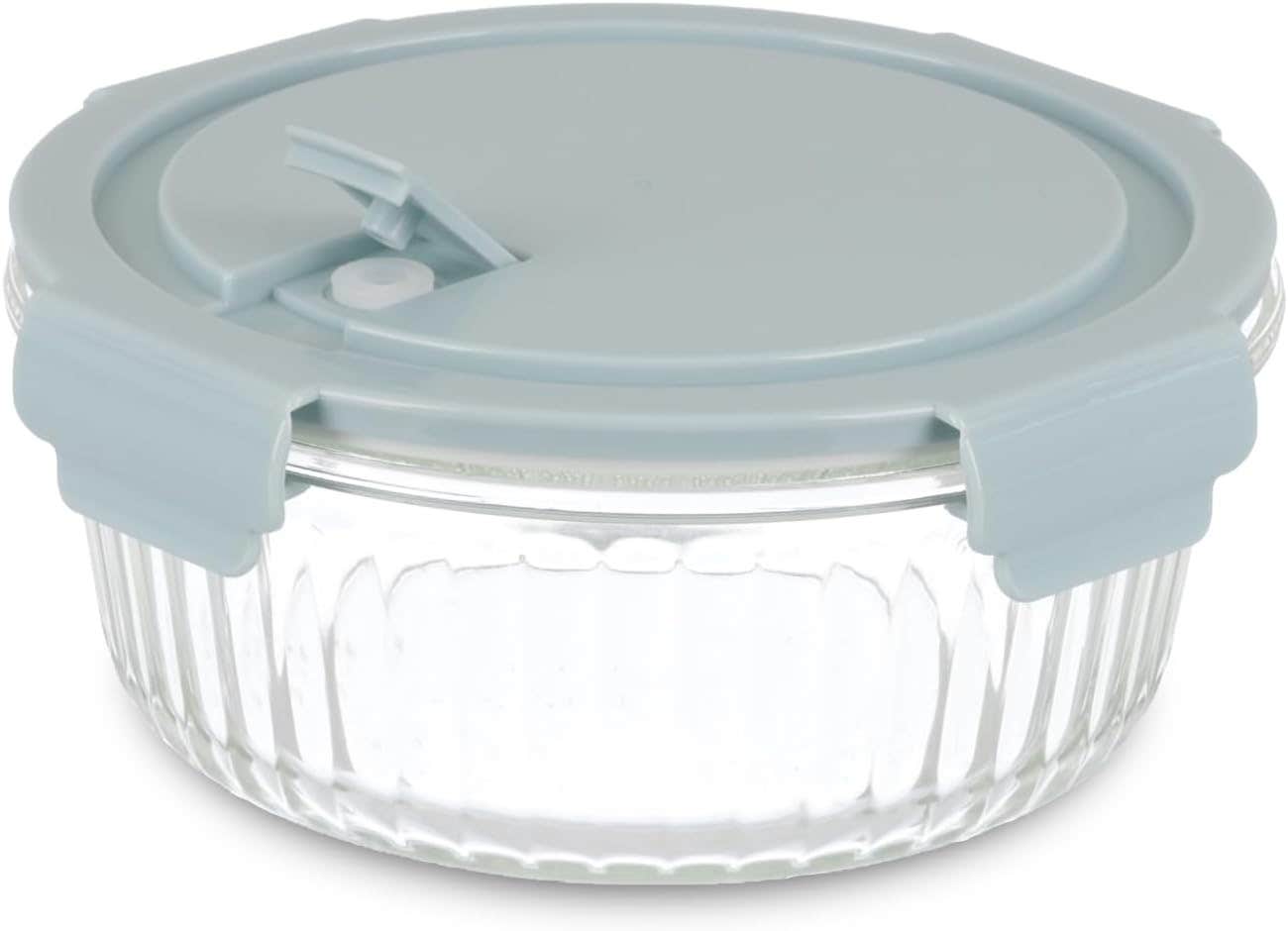 Food Container, Round Shape 950ml, Tempered Glass with Plastic Cover - Baby Blue