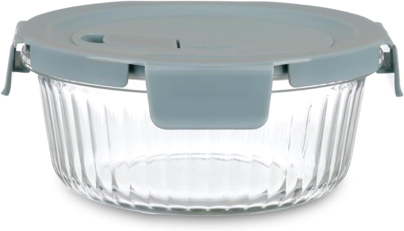 Food Container, Round Shape 620ml, Tempered Glass with Plastic Cover - Baby Blue