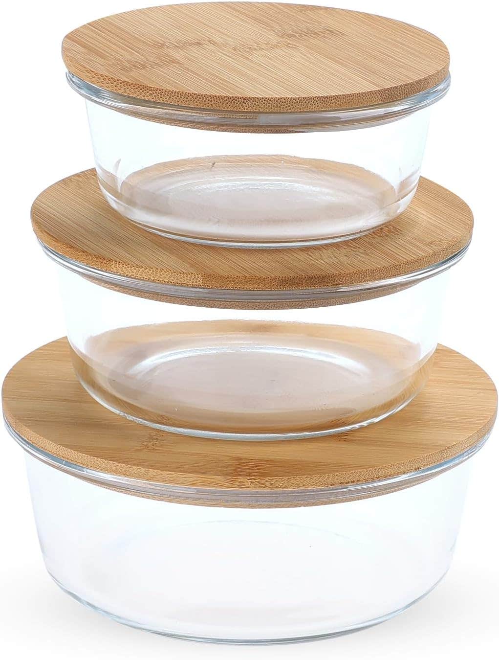 Food Container Set, 3 Pieces, Round, Tempered Glass with wooden Cover - Transpirent