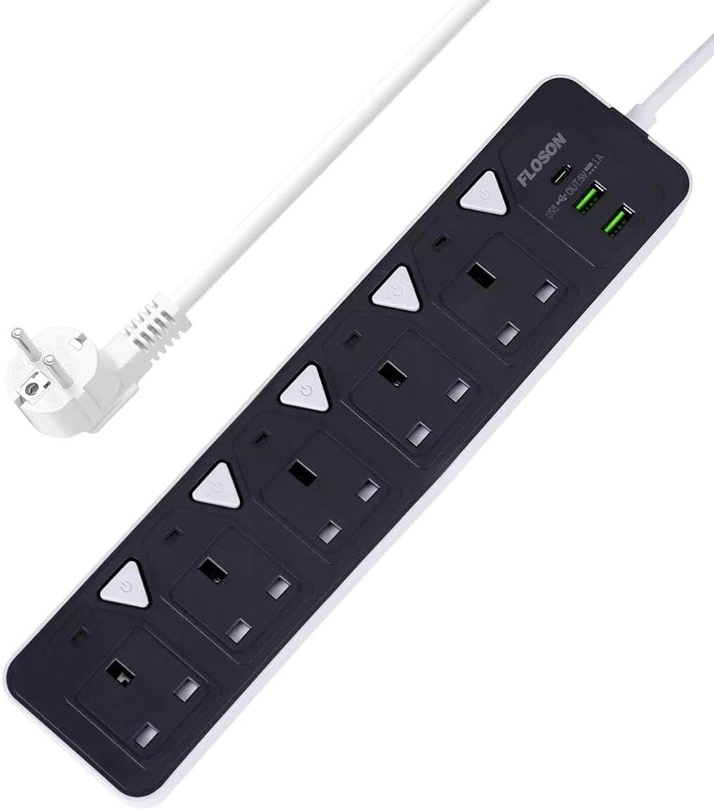 Generic Power Extension Socket Strip with USB-C, 5 Sockets, 2 USB Ports, Overload Protection - Black