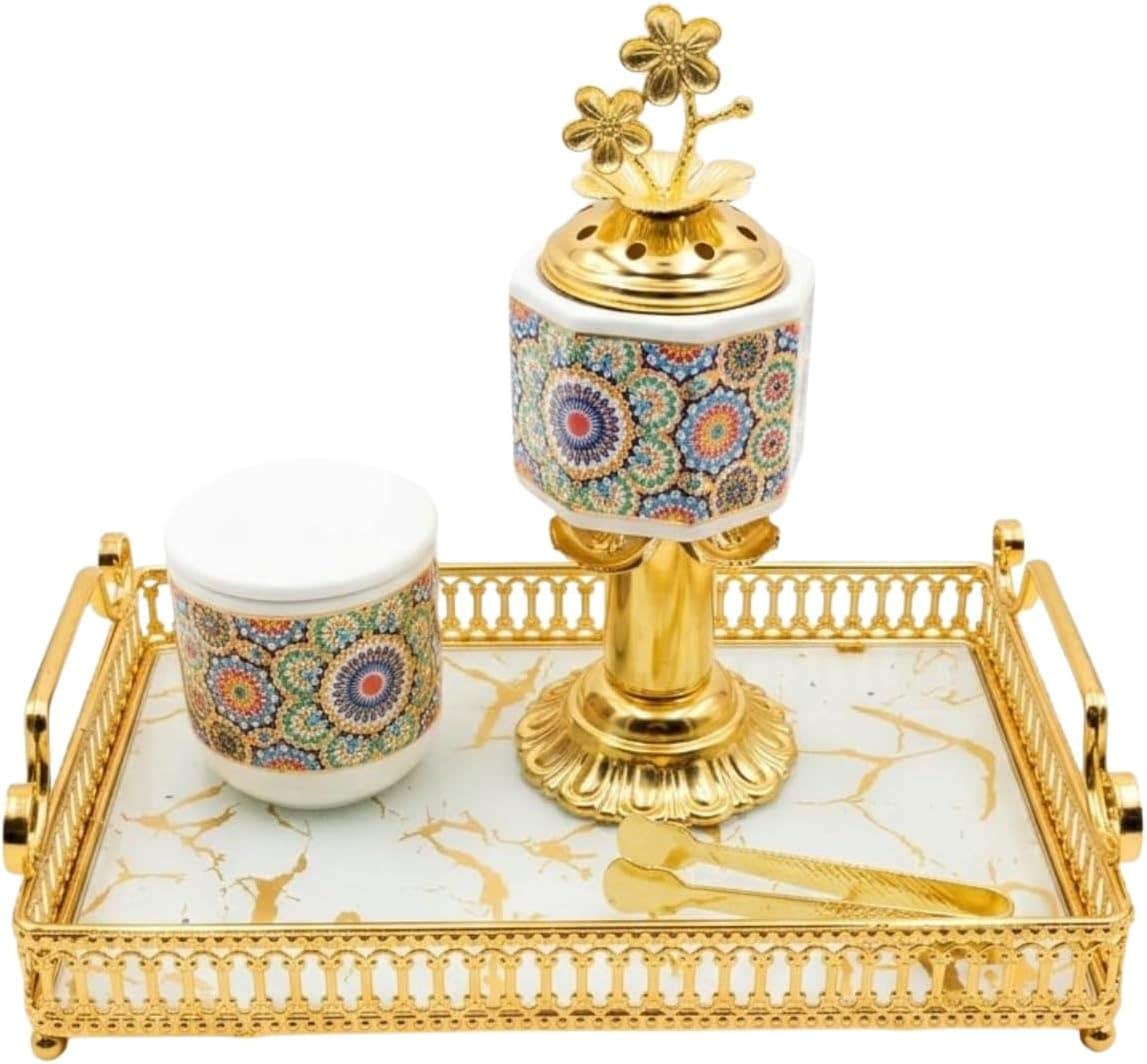 Luxury Charcoal Incense Burner Set with Ceramic Tray - Multicolor Geometric Design