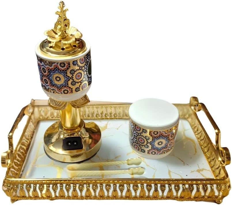 Luxury Charcoal Incense Burner Set with Gold Tray and Porcelain Ornaments