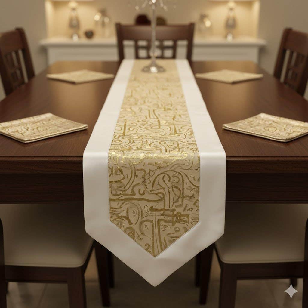 Islamic Canvas Table Runner Set, 5-Piece White - Elegant Arabic Design
