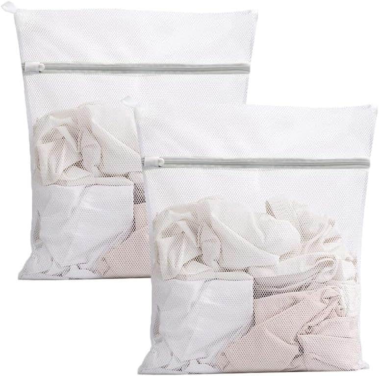 ILLUVA Mesh Laundry Bags with Zips - Set of 2 Durable White Net Washing Bags