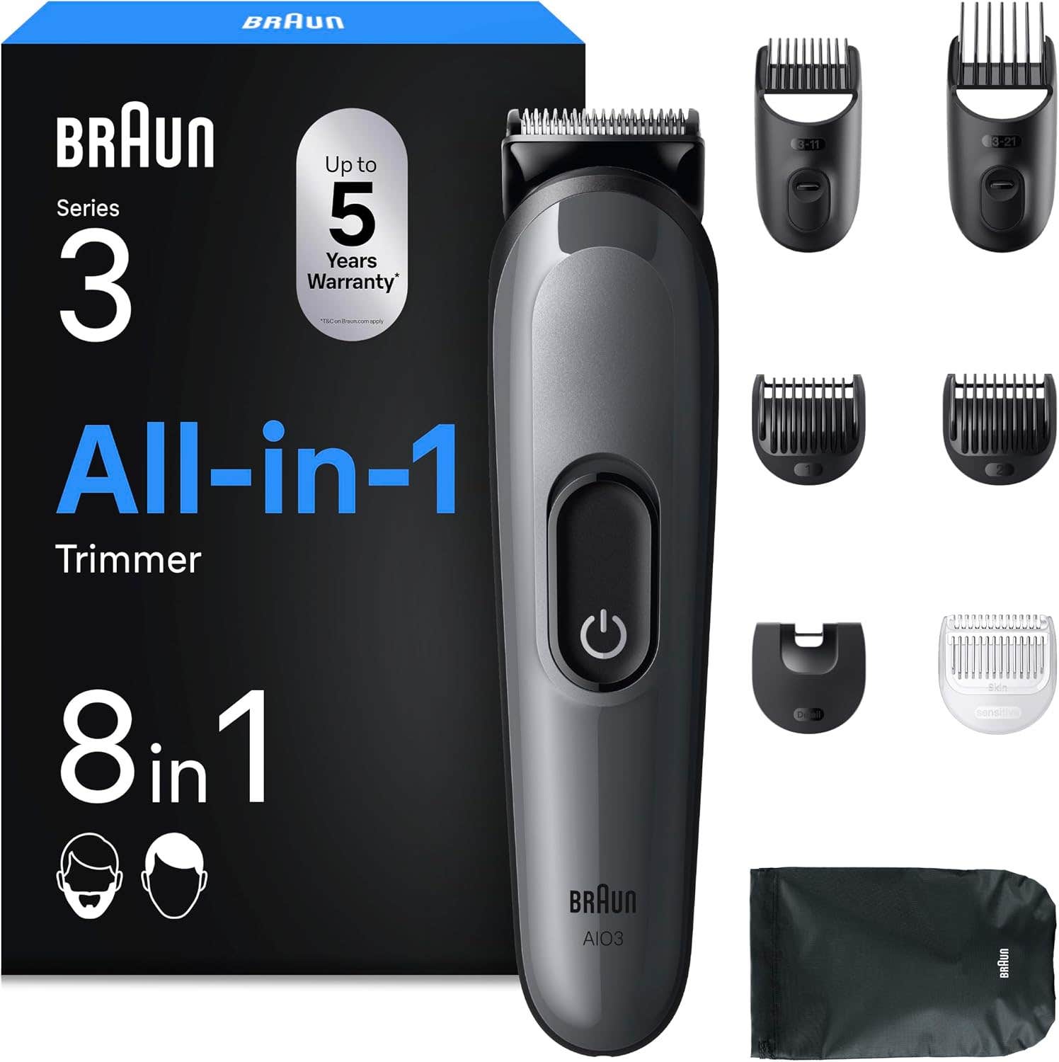 Braun All-in-One Series 3 8-in-1 Grooming Kit, Ultra Sharp Blade, 14 Lengths AIO3540, Grey