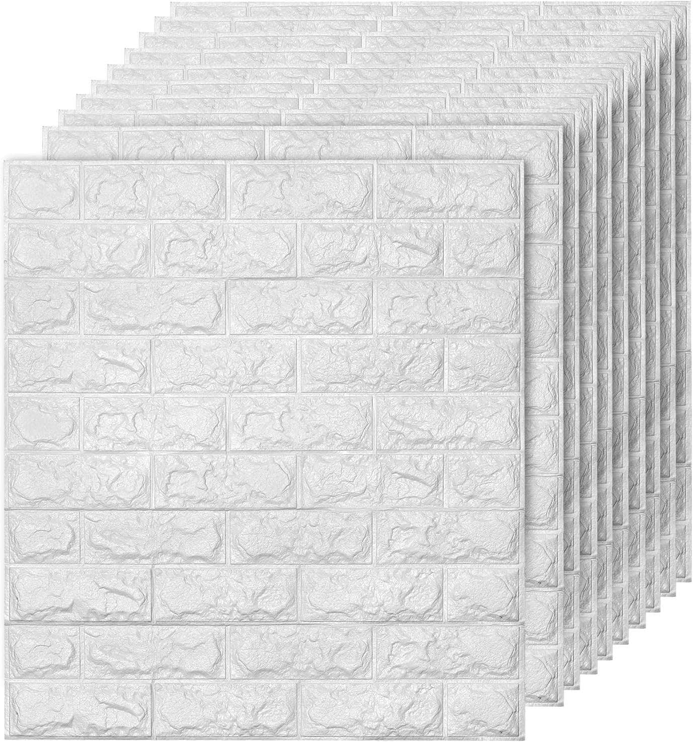 Holdfiturn 3D Self Adhesive Brick Wall Panels - 10PCS White XPE Foam Tiles - Waterproof & Removable - Kitchen Bedroom Living Room