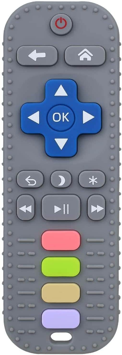 Silicone teether for babies and toddlers, shaped like a remote control, for chewing, soothing, and calming gums - Grey