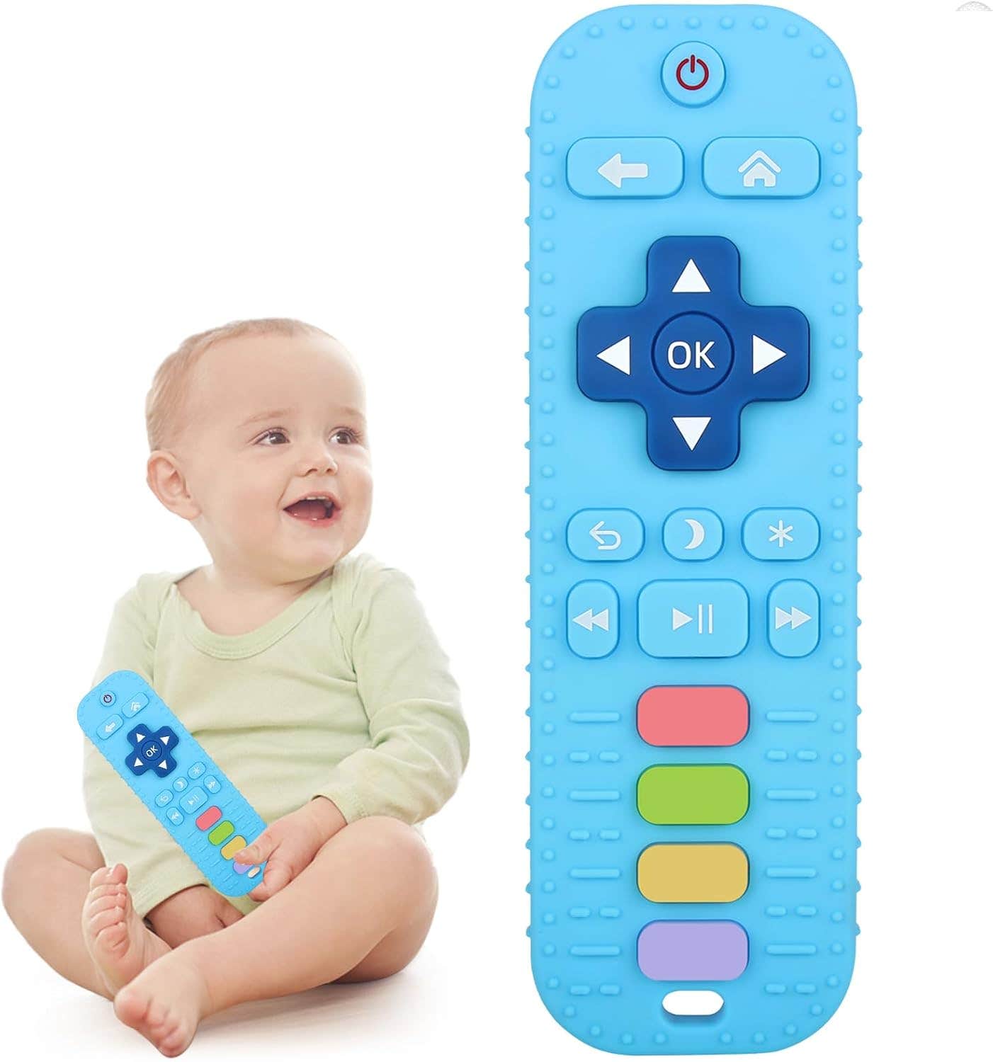 Silicone teether for babies and toddlers, shaped like a remote control, for chewing, soothing, and calming gums - Blue