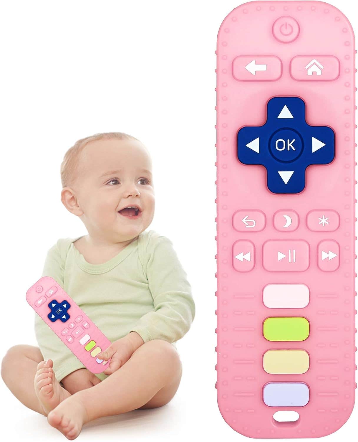 Silicone teether for babies and toddlers, shaped like a remote control, for chewing, soothing, and calming gums - Rose