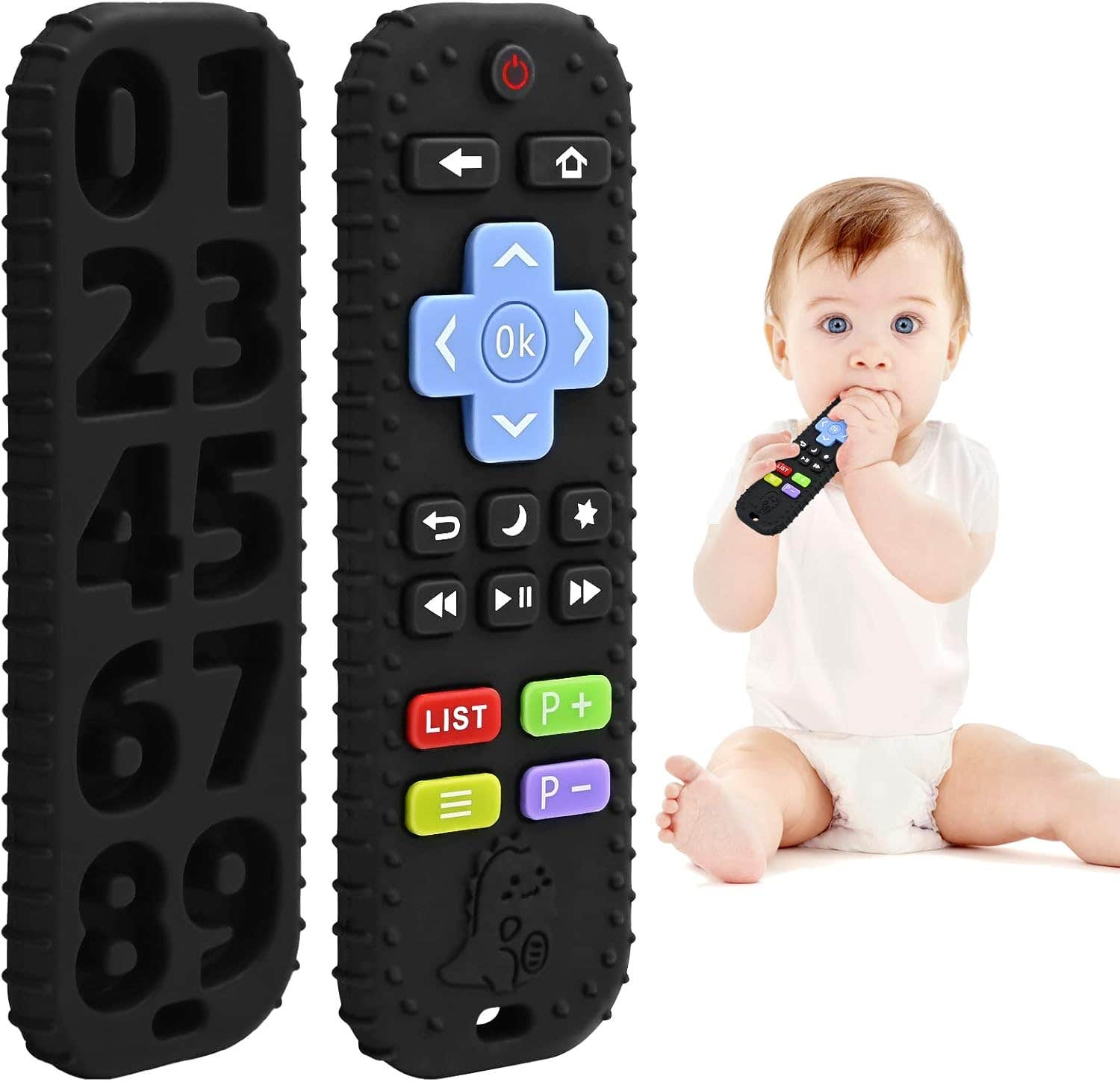 Silicone teether for babies and toddlers, shaped like a remote control, for chewing, soothing, and calming gums - Black