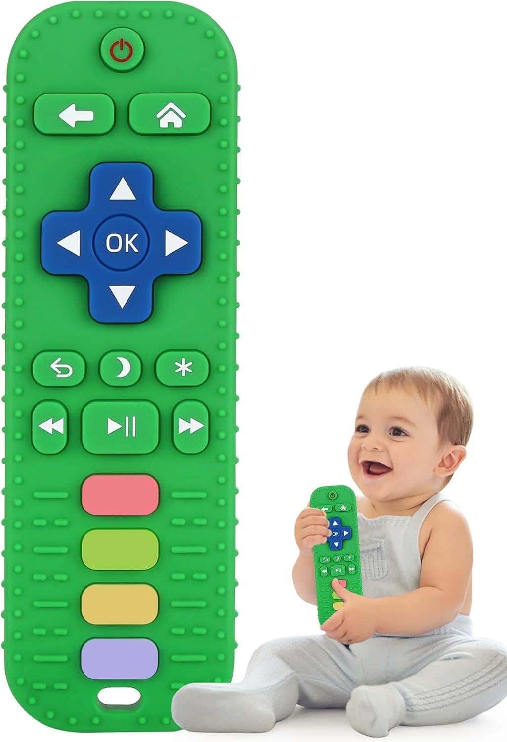 Silicone teether for babies and toddlers, shaped like a remote control, for chewing, soothing, and calming gums - Green
