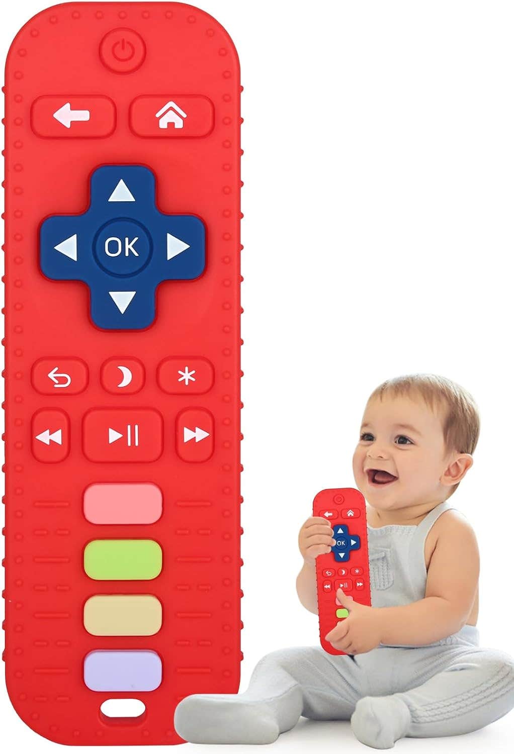 Silicone teether for babies and toddlers, shaped like a remote control, for chewing, soothing, and calming gums - Red