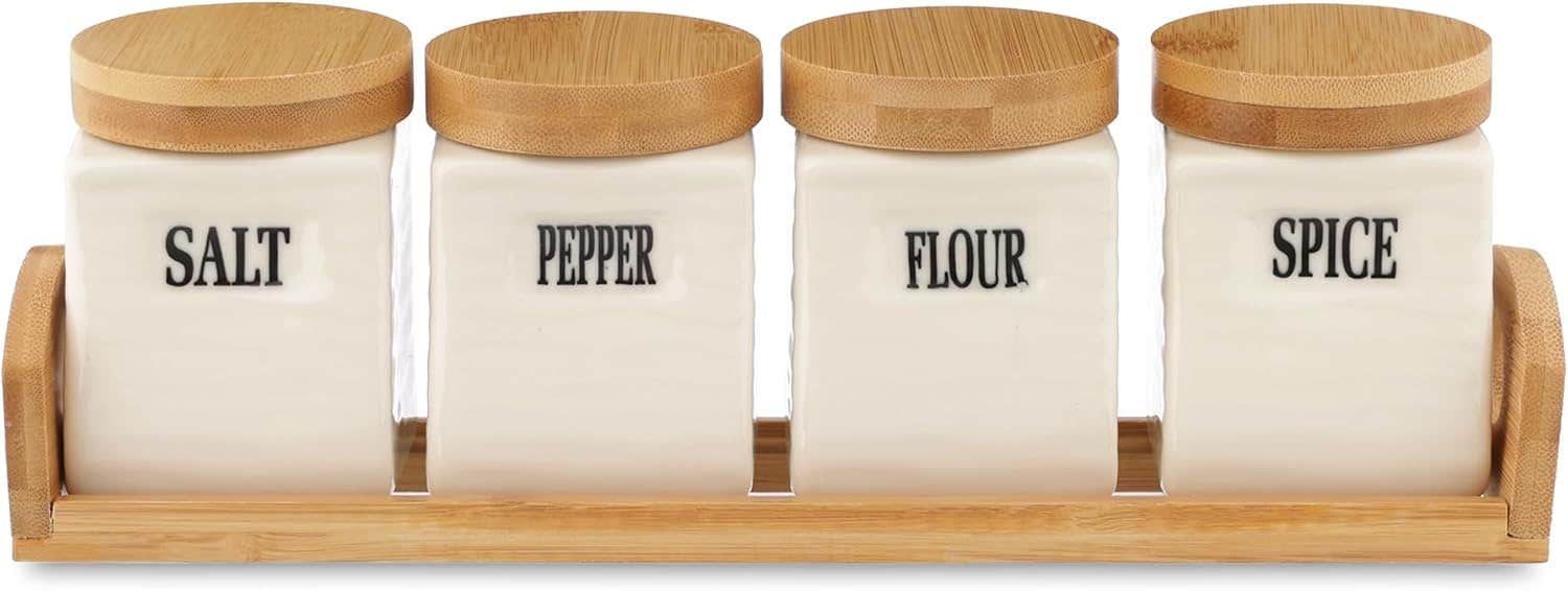 Porcelain Kitchen Storage Set with Wooden Stand - White, 1.5L