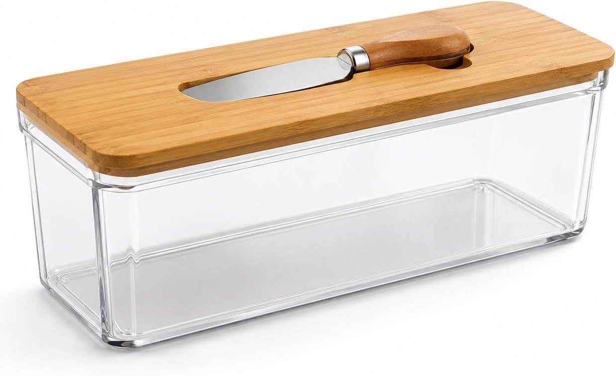 Healthy Acrylic Butter Dish with Break Resistant Design Butter Cutting Knife and Wooden Lid for Serving and Storage