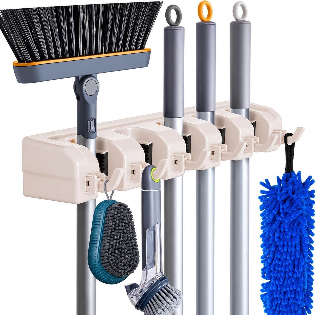 Wall Mounted Broom and Mop Holder with 5 Slots and 6 Hooks for Towels and Cleaning Tools Imported Multicolor