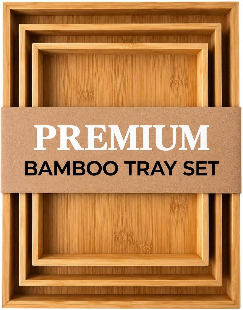 Generic 3-Piece Bamboo Serving Tray Set - Large, Medium, Small - Durable MDF Wood - Natural Brown - Multi-Purpose