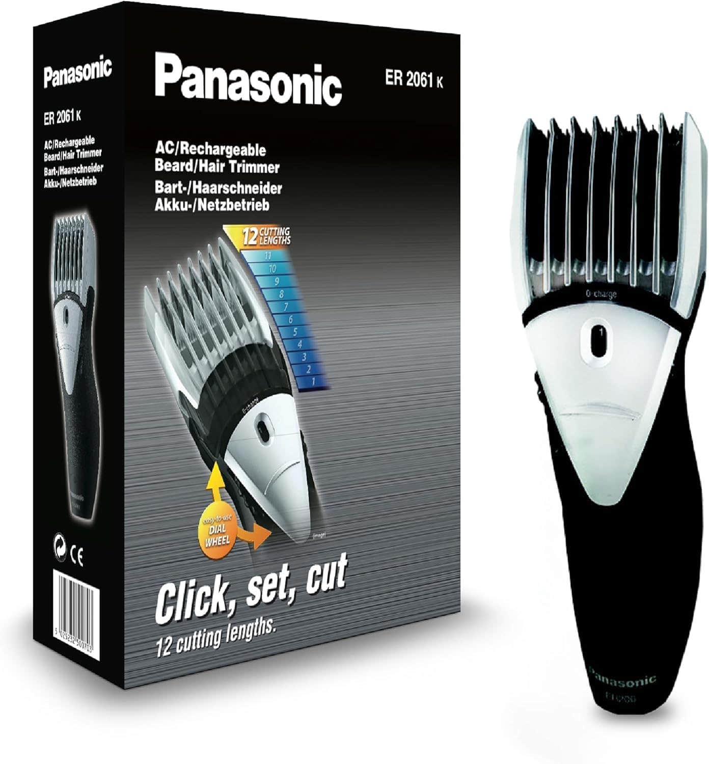 Panasonic ER2061K AC/Rechargeable Beard and Hair Trimmer for Men, Black, Stainless Steel, 12 Cutting Lengths, 2-18mm