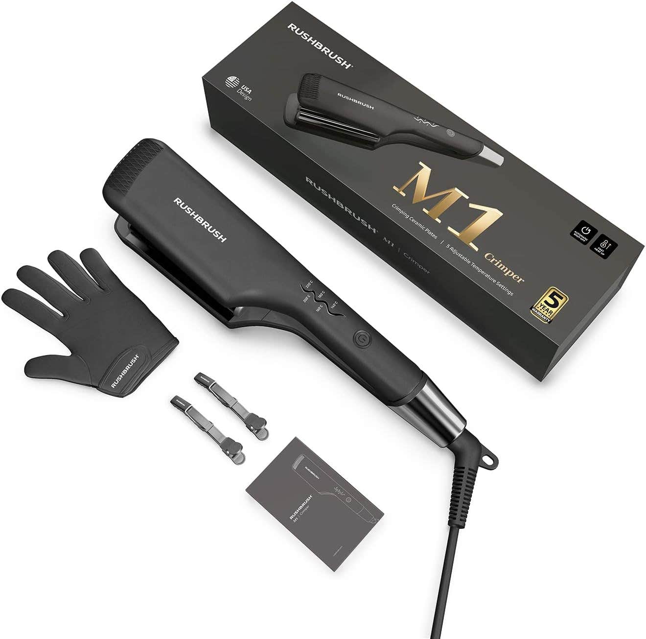 Rush Brush M1 Ceramic Crimper - Black, 220°C Heat, 3-Barrel Waves