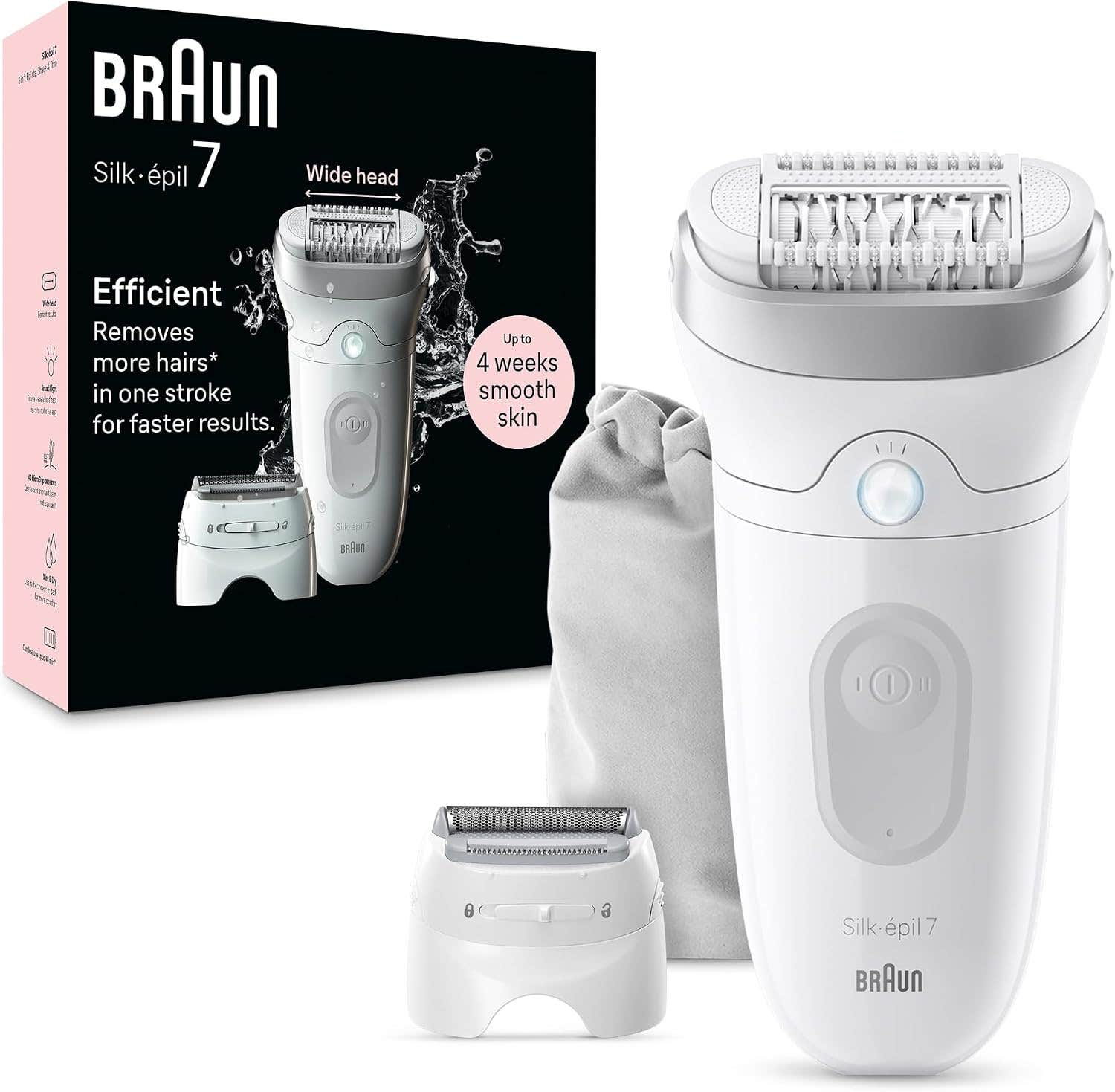 Braun Silk-épil 7 SE 7-041 Wet & Dry Epilator, Wide Head, Shaver & Trimmer Head, German Made, +4 Extras, Smart Light, 40 MicroGrip Tweezers, Rechargeable Hair Removal Device - White