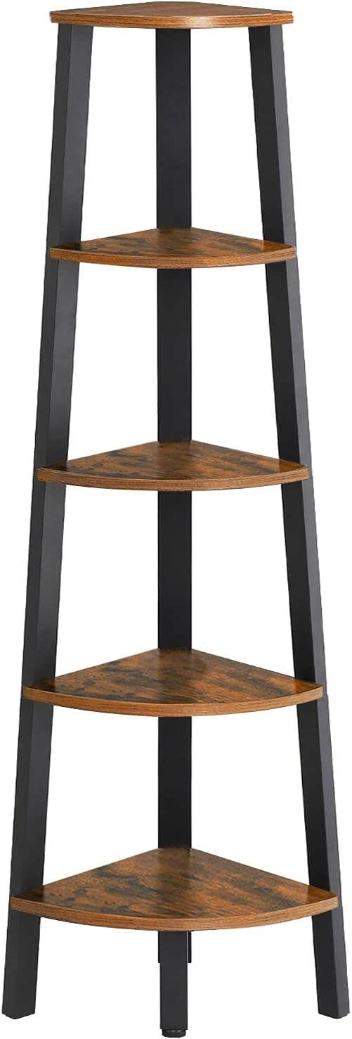 VASAGLE 5 Tier Corner Shelf Bookcase, Industrial Style, Rustic Brown/Black