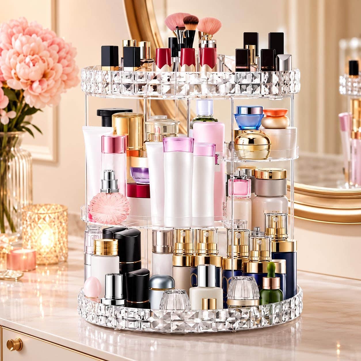 Clear Acrylic 360° Rotating Makeup Organizer with Adjustable Trays