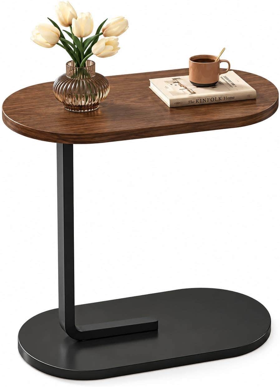 Modern C-Shaped Wooden Side Table | Walnut Brown & Black | Sofa-Side & Laptop Table
