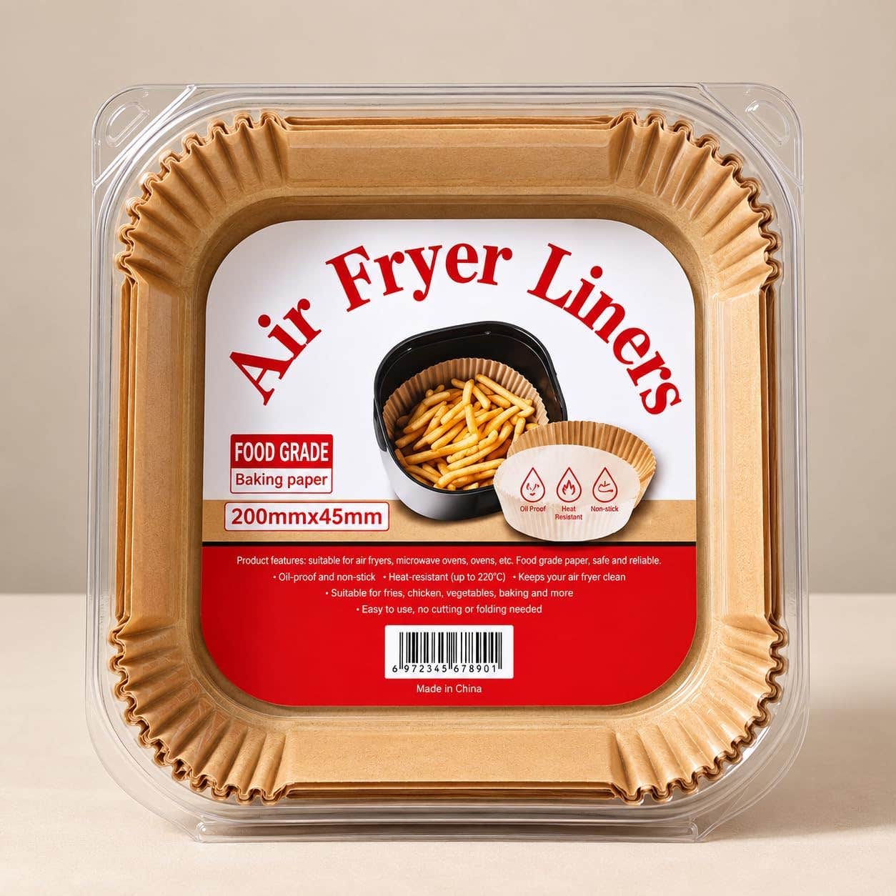 100 Square Air Fryer Non-Stick Paper Liners | Food Grade Cooking Sheets | 200 × 45 mm