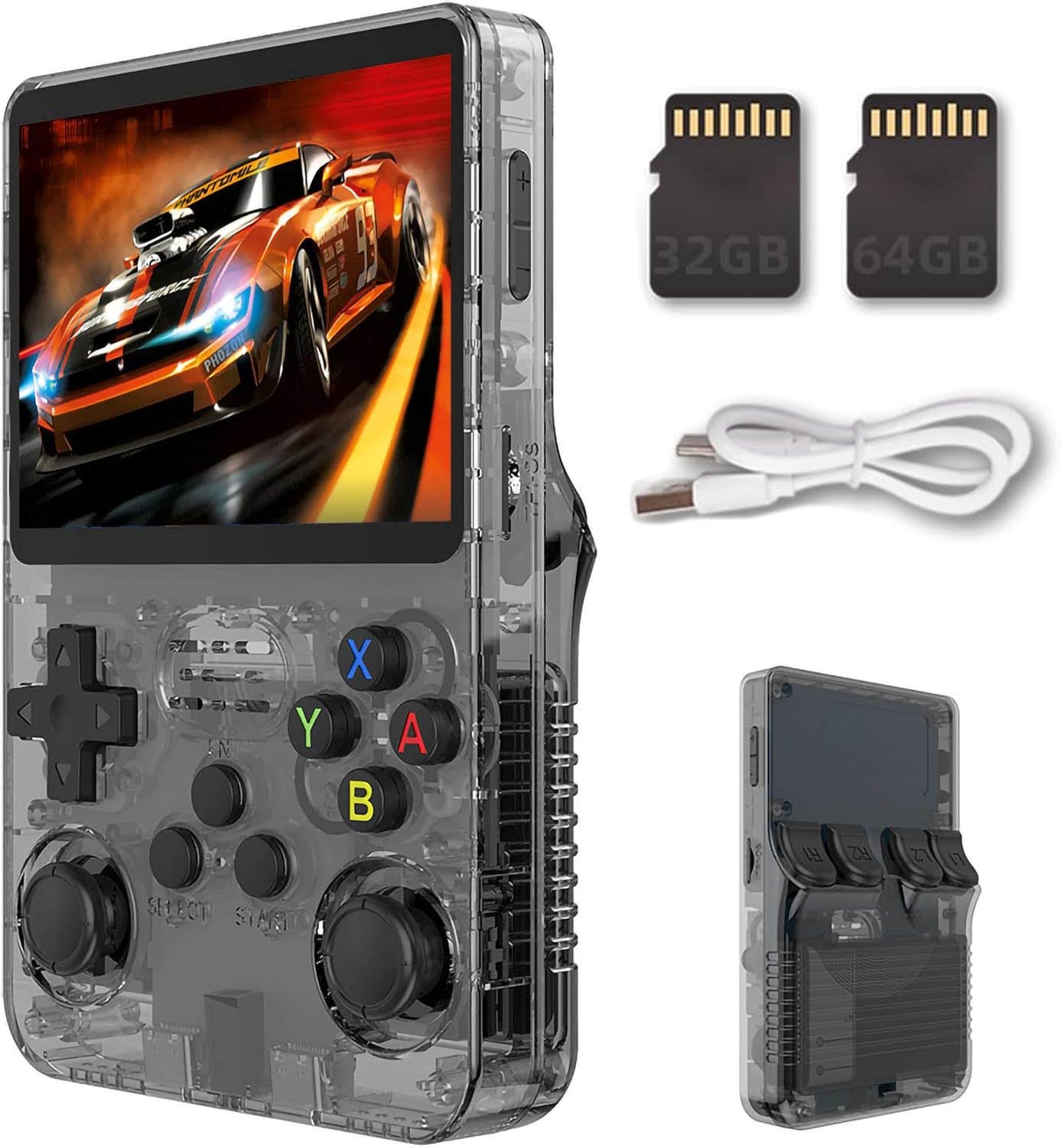 R36S handheld game console, 3.5-inch retro handheld video game console, built-in battery 15000+games, 64GB black.