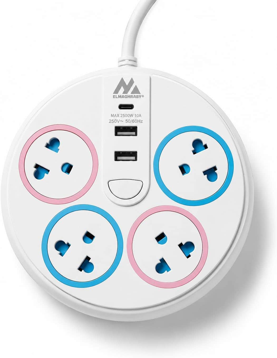 ELMAGHRABY Round Power Strip, 4 Outlets, 2 USB Ports, USB-C Fast Charging, Overload Protection