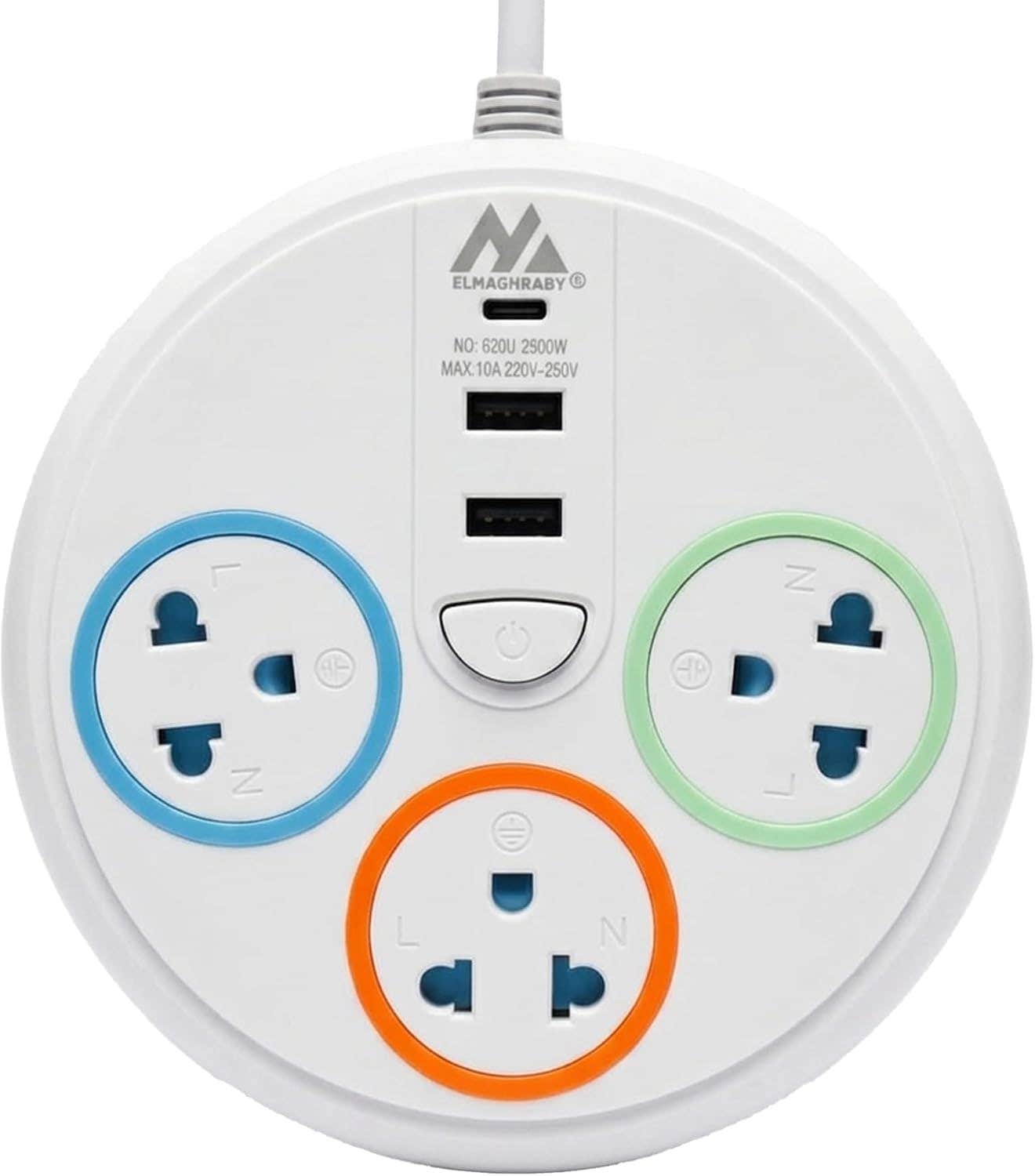 Generic 3-Outlet Power Strip with USB-C Port - 2500W, 2M Cord, Individual Switch, White